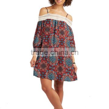 wholesale online customized casual style lace design colorful floral print cotton strap off shoulder dress ethnic clothing dress