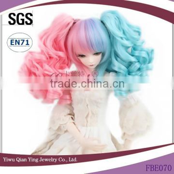 pink and blue curly synthetic girl doll wigs two ponytail