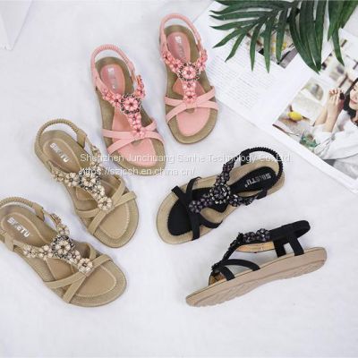 Ladies Summer Fashion New Casual Ethnic Style Flat Shoes Bohemian Flower Rhinestone Sweet Sandals for Women