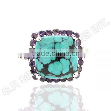 Turquoise cushion & amethyst round gemstone ring,sterling silver 925 rings wholesale jewelry