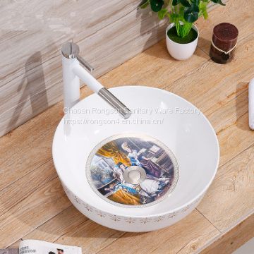 Round shape countertop ceramic bathroom sanitary ware bowl sinks with decal