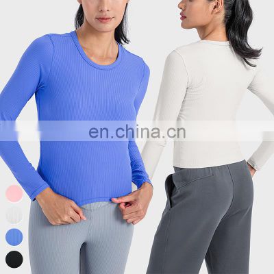 Custom Breathable Quick Dry Running Clothing High Elastic Sports Tshirt Gym Fitness Top Women Ribbed Long Sleeve Yoga T Shirt