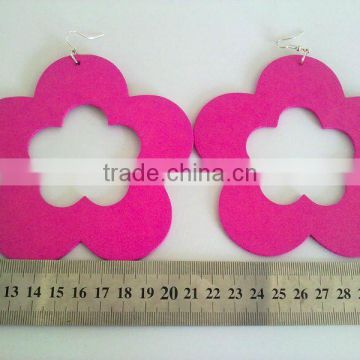 hot pink wood flower dangle earrings large wood hoop earring