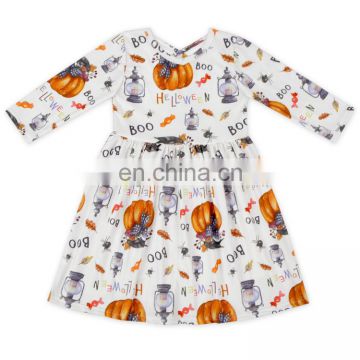 Halloween cross neck pumpkin 3/4 sleeve girls skirt fashion dress