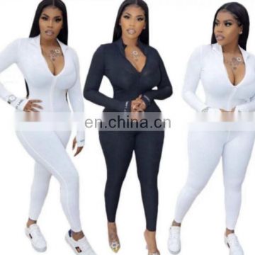 Wholesale Women Tight fitting Zip up lucky label words embroidery one piece bodysuit