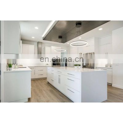 Kitchen furniture handles lacquer acrylic pvc designs modern style high gloss white kitchen cabinet with big island