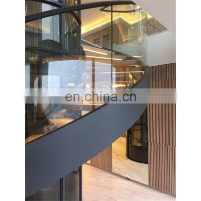 Modern double steel plates stairs curved wooden stringer staircase with glass railing