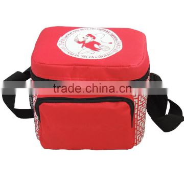 red printed shoulder effect cooler bag with front pocket