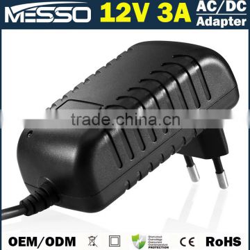 12V 3A Adapter 100V-240V 36W Switching Power Supply with Global Plug