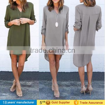 Casual elegant women's plunge v neck long sleeve plus size asymmetric irregular tunic shirt chiffon dresses