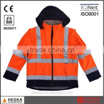 Mens high visibility softshell detachable sleeves hi vis 3m safety jacket with EN20471