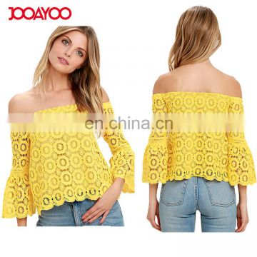 2017 New Fashion Customed Girls Off Shoulder Yellow Crochet Lace Tops Elegant Ladies Tops Images