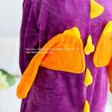 Purple Dinosaur Cartoon Flannel Conjoined Polyester Children Pajamas