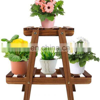 2 Tier Ladder Stand Wood Hanging Shelf Pot Bamboo Plant Stand With Flower