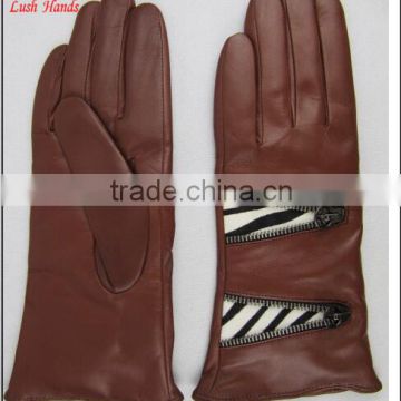 Ladies dr brown leather gloves with metal zipper stich pattern