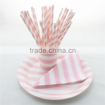 Party Tableware Wholesale Sweet Baby Pink Striped Paper Straws Cups Plates Napkins