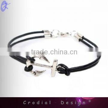 2013 Cheap Wholesale Fashion Bracelet Black Leather Silver Sea Anchor Bracelet For Young People