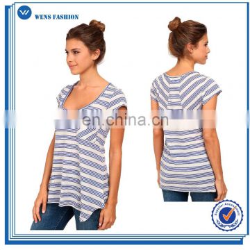 Relaxed fit t shirt women short sleeve v neck yarn dye stripe lightweight tee
