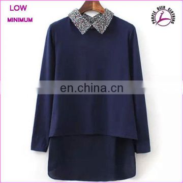 Fashion blouse front short and long back blouse long sleeve chiffon blouse 2015