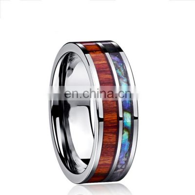 8mm Fashion Luxury Stainless steel Ring Wood and Shell Inlay Ring Wedding Men Jewelry Gift
