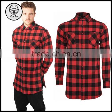 2016 Autumn 100% Cotton Side Zip Red and Black Longline Elongated Plaid Mens Flannel T Shirts