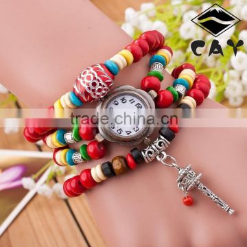 New Arrival Vogue Women Dress Watch Multilayer Wood Bead String Watch With Small Bell