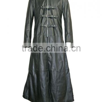MENS LONG LEATHER 3 BUCKLE GOTHIC COAT BLACK