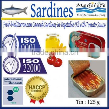 Fresh Mediteranean Canned Sardines inVegetable Oil withTomato Sauce,High Quality Sardines,Sardines in cans with Tomato Sauce125g