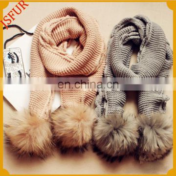 Top quality wool knitted hand raccoon fur pom pom customizedl scarf