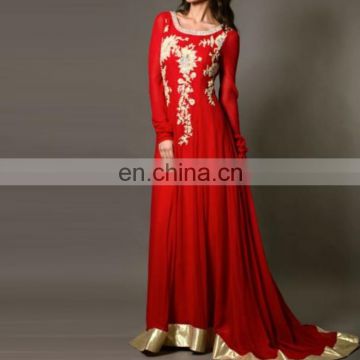 Abaya Muslim Long Sleeves Lace Printed Red Slim long Maxi Dress