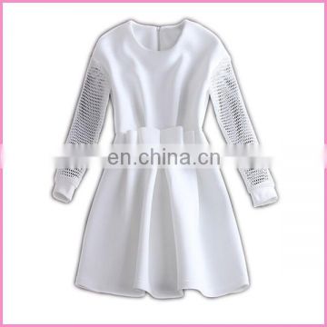 high-waisted big bow fashion mesh sleeves white color dress