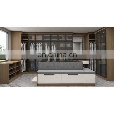 Modern Custom Walk In Closet Luminous Glass Sliding Door Wardrobe For Bedroom Furniture Set