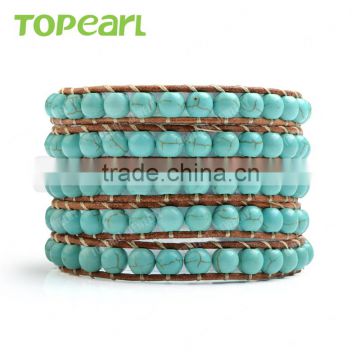 Topearl Jewelry Turquoise Fashion Bracelet Woven Leather Wrap Bracelet 33.5 Inches CLL135