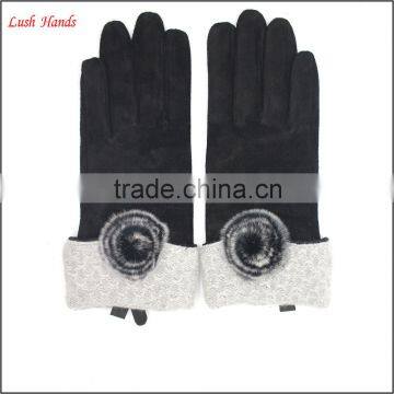 Fashion lady black pigsuede leather gloves with a fuzzy ball