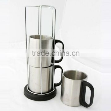 3 pcs Stainless Steel 220 ml Coffee Mug Set with rack - made in china