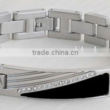 Stainless Steel Bracelet - ID Style bracelet with resin wedge, lined in 1mm gems, with grooved wedge on ID section