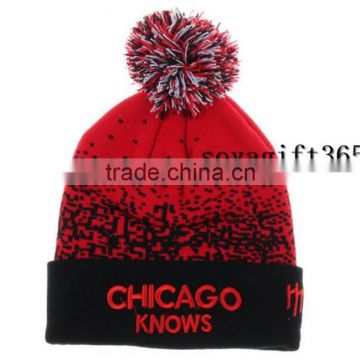 Dot Hip Hop Black Cuff Hat Knitted Warm Red Beanie Cap With Pom