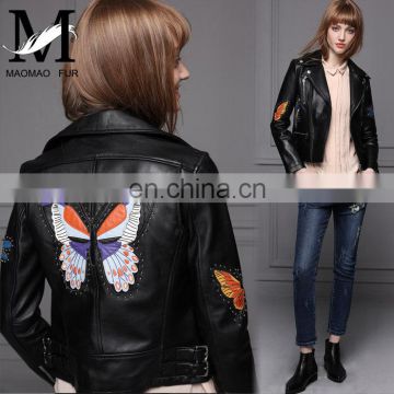 2017 Latest Fashion Flower Printing Motorcycle Short Leather Jacket Woman