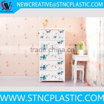 White Plastic jumbo children chest of drawers storage 5 drawer bedroom cabinet with blue flower