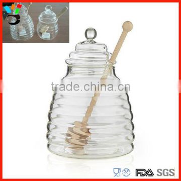 Depression Covered Glass Container Different Size Stripe Pattern Bee Glass Honey Pot With Dipper