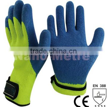 NMSAFETY 7 gauge Hi-Viz yellow acrylic liner dip with blue latex warm gloves magic buckle on wrist