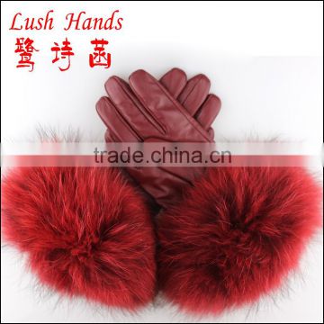 Fashion ladies leather gloves with real rabbit fur cuff,fox fur,milk fur leather gloves