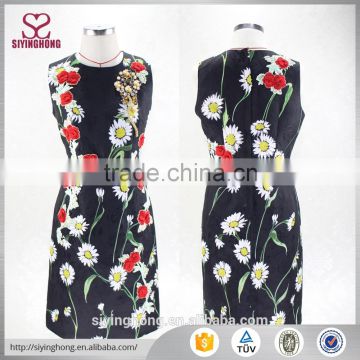 2016 famous brand summer dress flower printed beaded sleeveless jacquard dress
