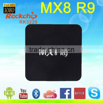 Full hd media player1GB/8GB MX8 android 4.4 android tv box RK3329 R9 MX8 Smart tv box