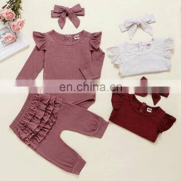 Solid color ribbed cotton kids clothing sets ruffle rib children clothes girls