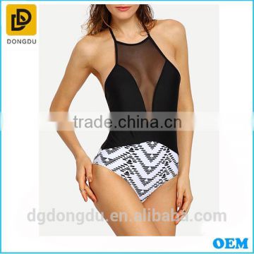 Wholesale Black Sexy Block Mesh -neck Lady Summer Casual One-Piece Swimwear