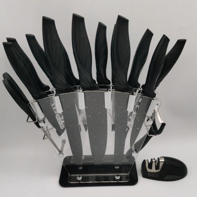 17 Pieces Kitchen Knives Set, 13 Stainless Steel Knives + Acrylic Stand, Scissors, Peeler and Knife Sharpener