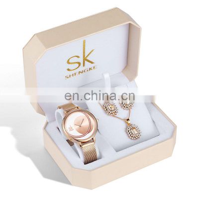 SHENGKE SK Luxury Jewelry Watches Set Bracelets & Bangles Watch Earring Necklace Jewelry Sets Box Dress Watches Sets 95001