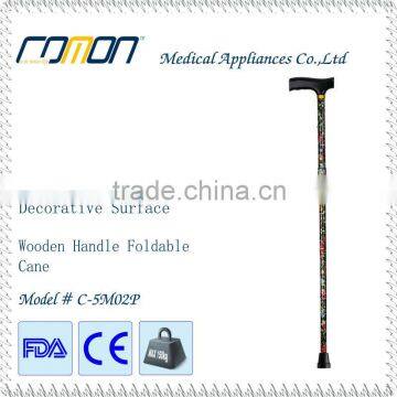 Printed Foldable Walking Cane With Wood Handle