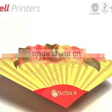Paper made hand fan with customised die cut and spot UV from India